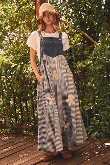 Oddi Mixed Stripe Patchwork Overall Dress in Washed Denim