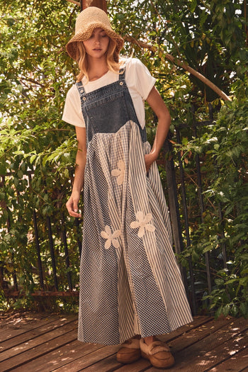 Oddi Mixed Stripe Patchwork Overall Dress in Washed Denim