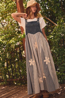 Oddi Mixed Stripe Patchwork Overall Dress in Washed Denim
