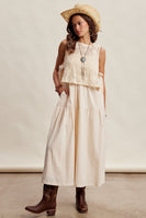 Listicle Embroidered Lace Vest and Sleeveless Midi Dress Set in Ecru