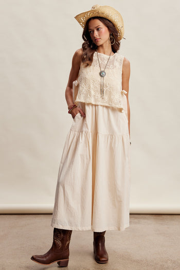 Listicle Embroidered Lace Vest and Sleeveless Midi Dress Set in Ecru