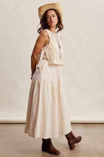 Listicle Embroidered Lace Vest and Sleeveless Midi Dress Set in Ecru