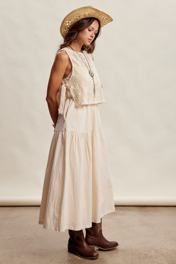 Listicle Embroidered Lace Vest and Sleeveless Midi Dress Set in Ecru