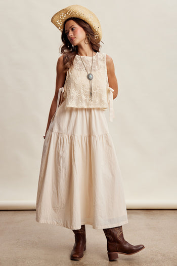 Listicle Embroidered Lace Vest and Sleeveless Midi Dress Set in Ecru