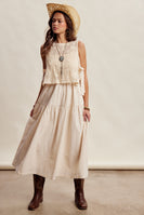 Listicle Embroidered Lace Vest and Sleeveless Midi Dress Set in Ecru