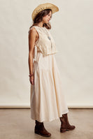 Listicle Embroidered Lace Vest and Sleeveless Midi Dress Set in Ecru
