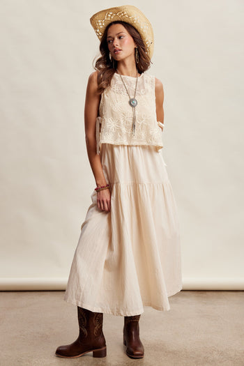Listicle Embroidered Lace Vest and Sleeveless Midi Dress Set in Ecru