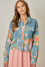 Load image into Gallery viewer, Mystree Floral Mixed Media Jacket in Denim Blue Mix
