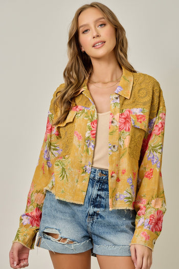 Mystree Floral Mixed Media Jacket in Cappuccino Mix