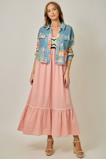 Mystree Floral Mixed Media Jacket in Denim Blue Mix