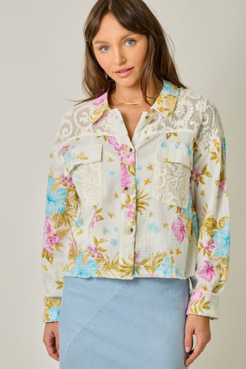 Mystree Floral Mixed Media Jacket in White Mix