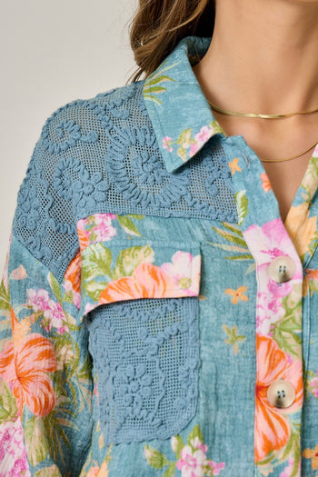 Mystree Floral Mixed Media Jacket in Denim Blue Mix