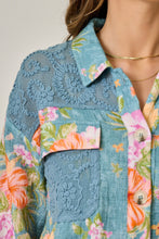Load image into Gallery viewer, Mystree Floral Mixed Media Jacket in Denim Blue Mix
