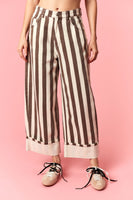 Peach Love Stripe Printed Rolled Cuff Barrel Jeans in Brown