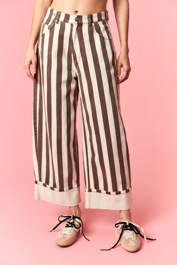 Peach Love Stripe Printed Rolled Cuff Barrel Jeans in Brown