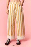 Peach Love Stripe Printed Rolled Cuff Barrel Jeans in Light Yellow