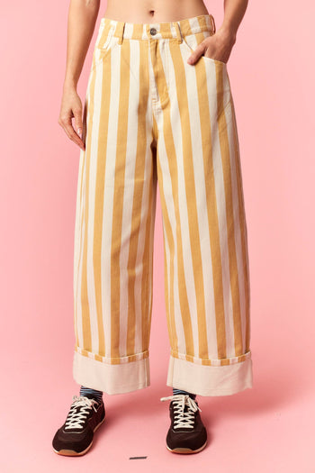 Peach Love Stripe Printed Rolled Cuff Barrel Jeans in Light Yellow