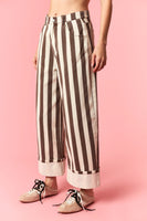 Peach Love Stripe Printed Rolled Cuff Barrel Jeans in Brown
