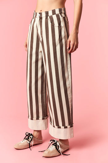 Peach Love Stripe Printed Rolled Cuff Barrel Jeans in Brown