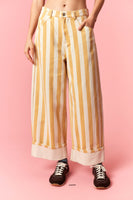 Peach Love Stripe Printed Rolled Cuff Barrel Jeans in Light Yellow