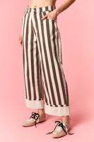 Peach Love Stripe Printed Rolled Cuff Barrel Jeans in Brown
