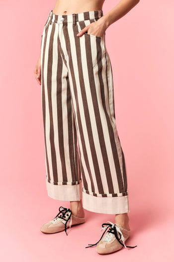 Peach Love Stripe Printed Rolled Cuff Barrel Jeans in Brown