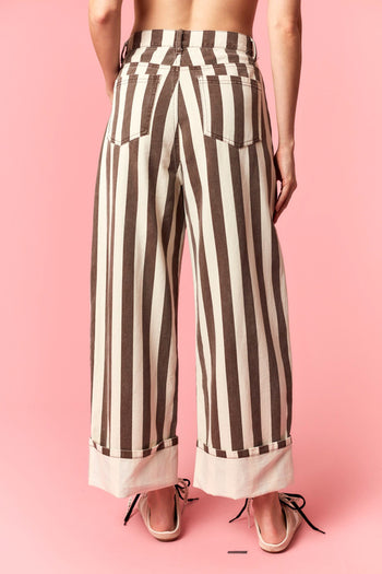 Peach Love Stripe Printed Rolled Cuff Barrel Jeans in Brown