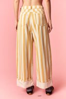 Peach Love Stripe Printed Rolled Cuff Barrel Jeans in Light Yellow