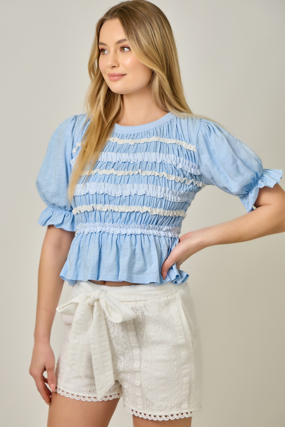 Mystree Lace Poplin Stripe Peplum Top in Blue – June Adel