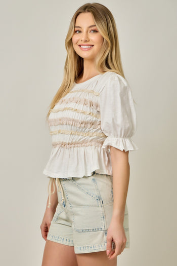 Mystree Lace Poplin Stripe Peplum Top in Off White
