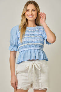 Mystree Lace Poplin Stripe Peplum Top in Blue – June Adel