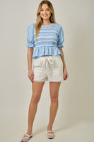 Mystree Lace Poplin Stripe Peplum Top in Blue