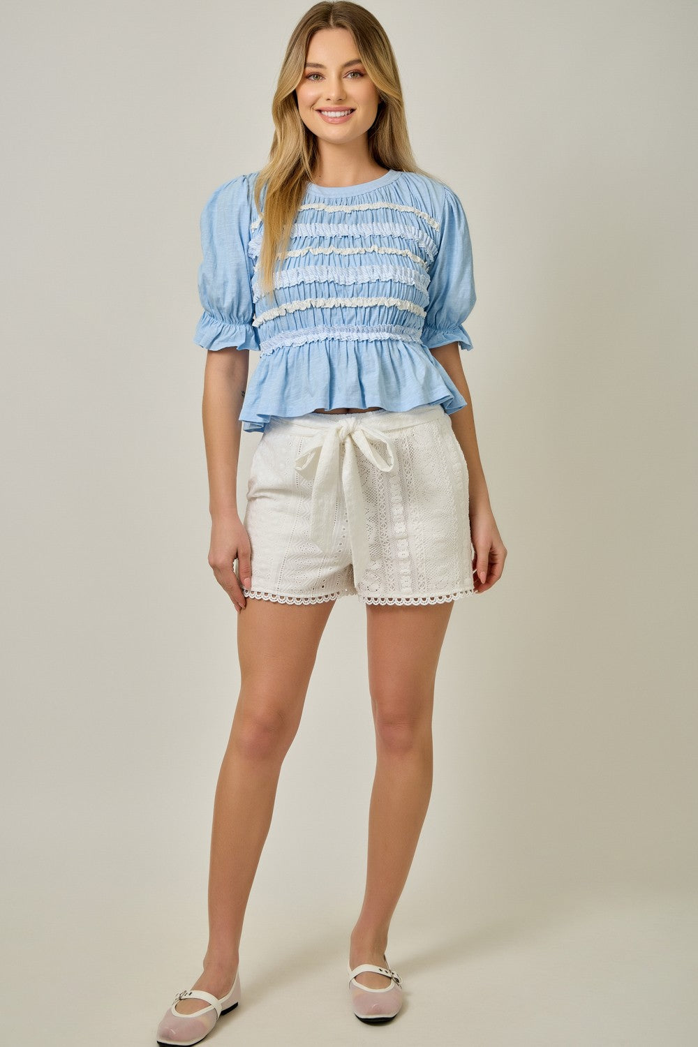 Mystree Lace Poplin Stripe Peplum Top in Blue L