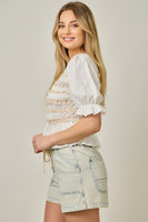 Mystree Lace Poplin Stripe Peplum Top in Off White