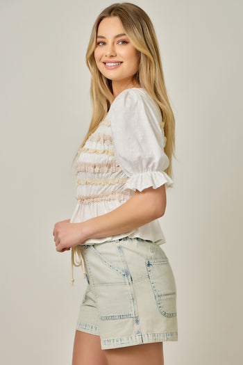 Mystree Lace Poplin Stripe Peplum Top in Off White