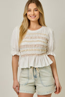 Mystree Lace Poplin Stripe Peplum Top in Off White