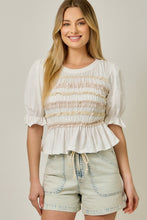 Load image into Gallery viewer, Mystree Lace Poplin Stripe Peplum Top in Off White
