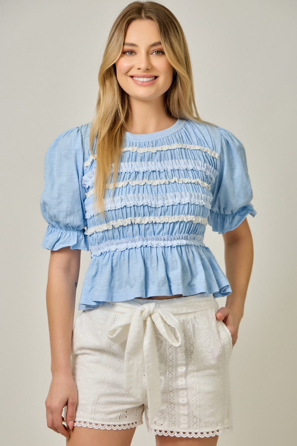 Mystree Lace Poplin Stripe Peplum Top in Blue – June Adel