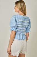 Mystree Lace Poplin Stripe Peplum Top in Blue