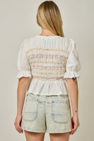 Mystree Lace Poplin Stripe Peplum Top in Off White