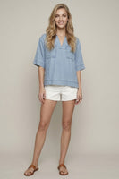 Doe & Rae Denim Collared Split V-neck Top in Denim