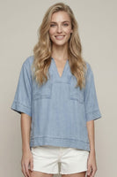 Doe & Rae Denim Collared Split V-neck Top in Denim