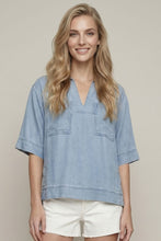 Load image into Gallery viewer, Doe &amp; Rae Denim Collared Split V-neck Top in Denim
