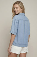 Doe & Rae Denim Collared Split V-neck Top in Denim