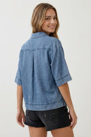 Doe & Rae Denim Collared Split V-neck Top in Dark Denim