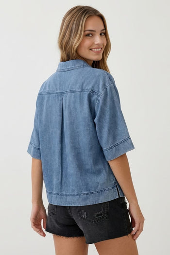 Doe & Rae Denim Collared Split V-neck Top in Dark Denim