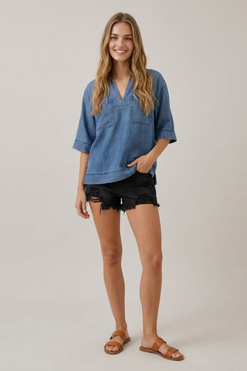 Doe & Rae Denim Collared Split V-neck Top in Dark Denim