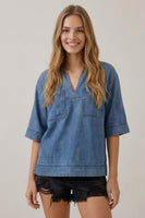 Doe & Rae Denim Collared Split V-neck Top in Dark Denim