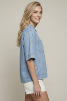 Doe & Rae Denim Collared Split V-neck Top in Denim