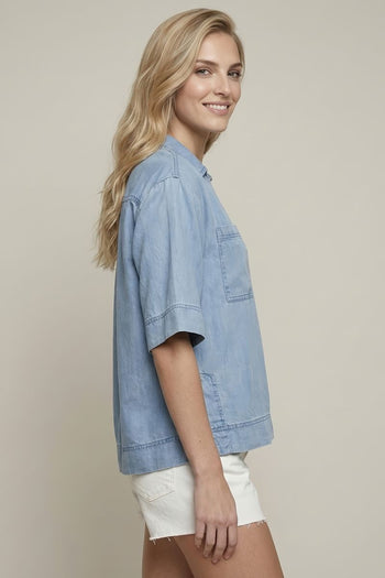 Doe & Rae Denim Collared Split V-neck Top in Denim